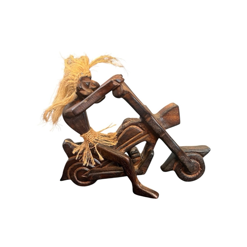 Wood‎ Sculpture Unisex OS Brown Hand Carved Tribal Biker Figure